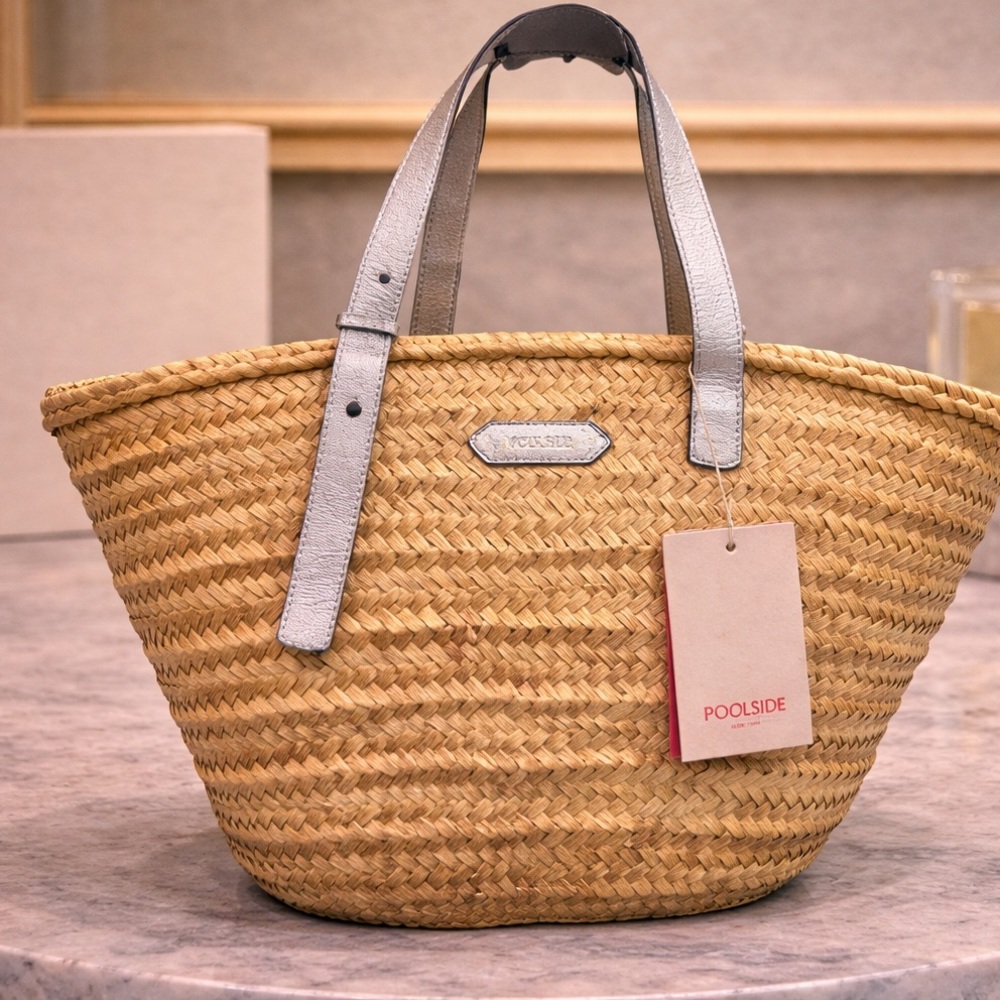 Poolside New York Woven Straw Tote Silver Leather Handles NWT